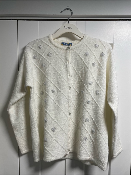 Vintage Sweaters - 90s Y2K Vintage Volga Beaded Diamond Pattern Cardigan White Size L